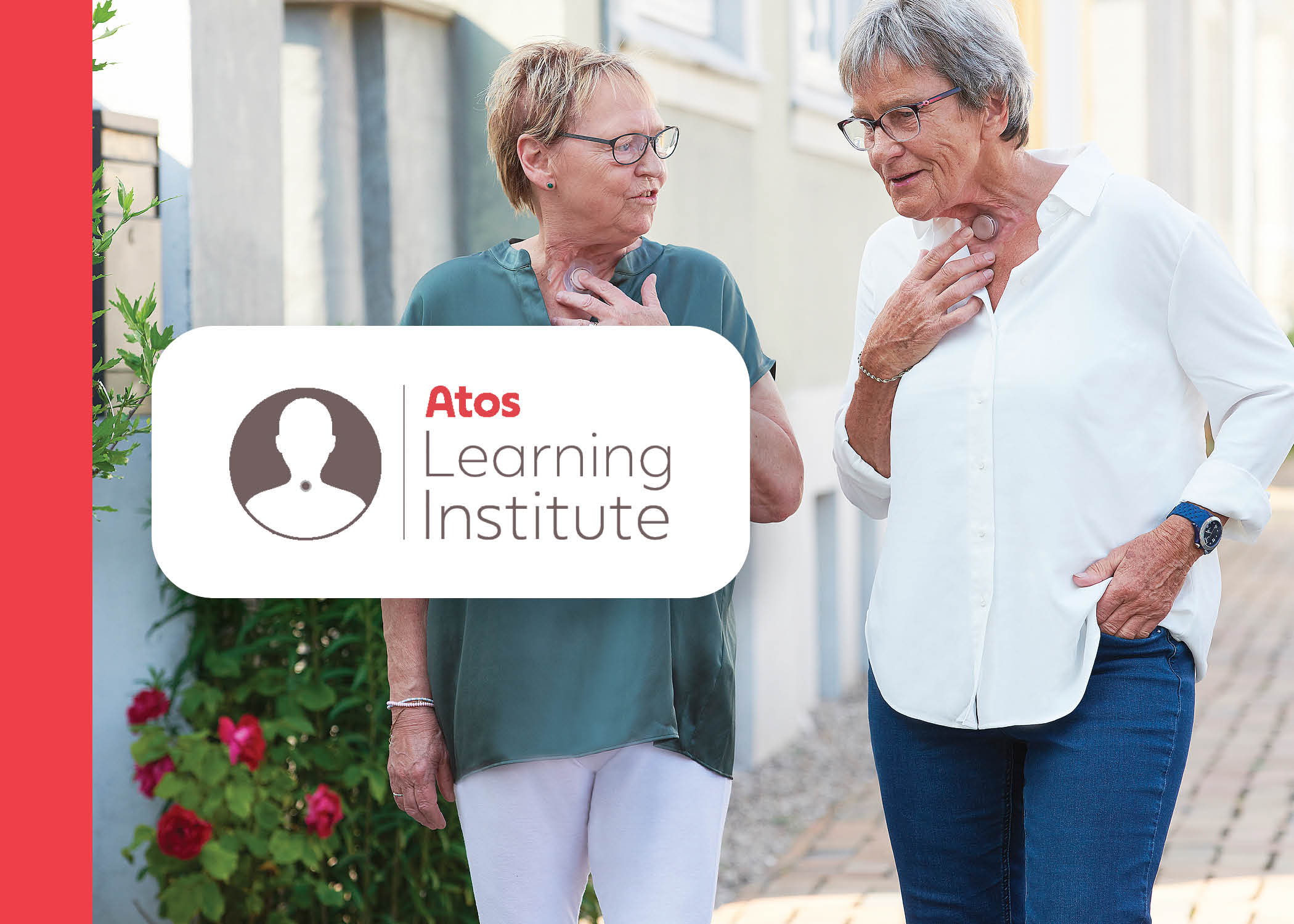 atos learning institute event banner, women talking outside using provox life hme